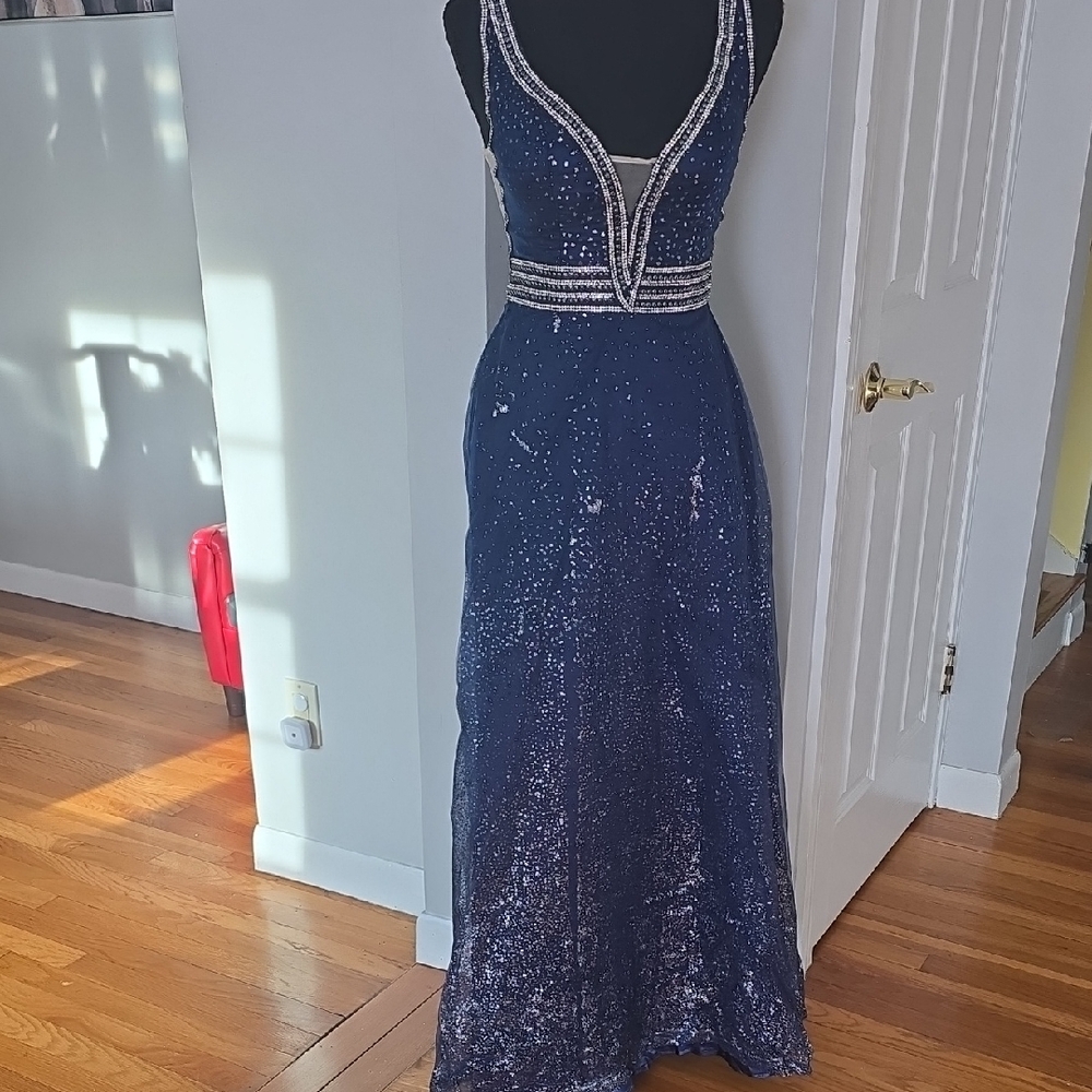 Elegant Navy Blue Sequin Evening Gown